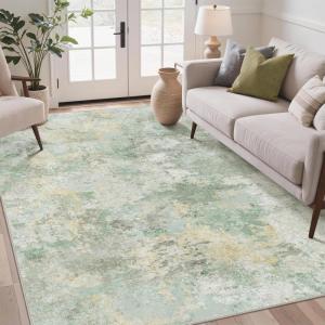 GENIMO 9×12 Area Rugs for Living Room, Machine Washable Non Slip Rugs, Low Pile Lightweight Print Rug for Bedroom, Dining Room, Home Office, Vintage Brick Red(Mint Green)