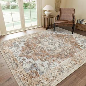 GENIMO 9×12 Area Rugs for Living Room, Machine Washable Non Slip Rugs, Low Pile Lightweight Print Rug for Bedroom, Dining Room, Home Office, Vintage Brick Red(Orange&beige)
