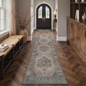 GENIMO 9×12 Area Rugs for Living Room, Machine Washable Non Slip Rugs, Low Pile Lightweight Print Rug for Bedroom, Dining Room, Home Office, Vintage Brick Red(Geometry Sepia/Blue)