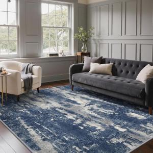 GENIMO 9×12 Area Rugs for Living Room, Machine Washable Non Slip Rugs, Low Pile Lightweight Print Rug for Bedroom, Dining Room, Home Office, Vintage Brick Red(Distressed Blue/Grey)