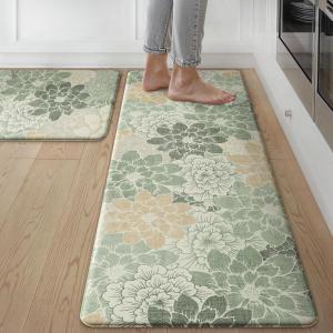 GENIMO Kitchen Mats for Floor, Kitchen Rugs Non Slip Washable Sets of 2, Waterproof Cushioned Anti Fatigue Mat, Floral Runner Rug for Laundry, Sink, Office, Home, 17.3″x47″+17.3″x30″, Taupe Grey(Green)