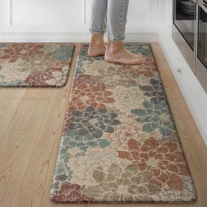 GENIMO Kitchen Mats for Floor, Kitchen Rugs Non Slip Washable Sets of 2, Waterproof Cushioned Anti Fatigue Mat, Floral Runner Rug for Laundry, Sink, Office, Home, 17.3″x47″+17.3″x30″, Taupe Grey(Red)