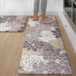 GENIMO Kitchen Mats for Floor, Kitchen Rugs Non Slip Washable Sets of 2, Waterproof Cushioned Anti Fatigue Mat, Floral Runner Rug for Laundry, Sink, Office, Home, 17.3″x47″+17.3″x30″, Taupe Grey(Coffee&brown)