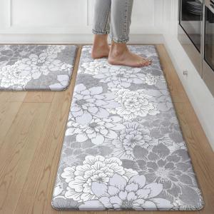 GENIMO Kitchen Mats for Floor, Kitchen Rugs Non Slip Washable Sets of 2, Waterproof Cushioned Anti Fatigue Mat, Floral Runner Rug for Laundry, Sink, Office, Home, 17.3″x47″+17.3″x30″, Taupe Grey(Lavender Grey)