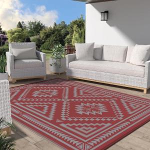 GENIMO Outdoor Rug for Patio Clearance – 8×10 ft Waterproof Plastic Camping Rugs, Reversible Outside Rv Mat Carpet for Porch, Deck, Picnic, Balcony, Beach, Backyard, Red Grey(Red & Grey)