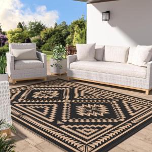 GENIMO Outdoor Rug for Patio Clearance – 8×10 ft Waterproof Plastic Camping Rugs, Reversible Outside Rv Mat Carpet for Porch, Deck, Picnic, Balcony, Beach, Backyard, Red Grey(Black & Brown)