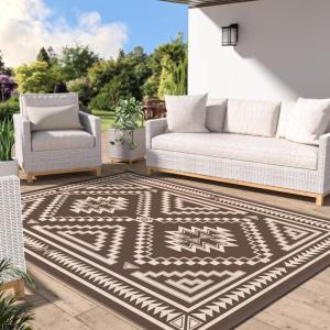 GENIMO Outdoor Rug for Patio Clearance – 8×10 ft Waterproof Plastic Camping Rugs, Reversible Outside Rv Mat Carpet for Porch, Deck, Picnic, Balcony, Beach, Backyard, Red Grey(Coffee & Beige)