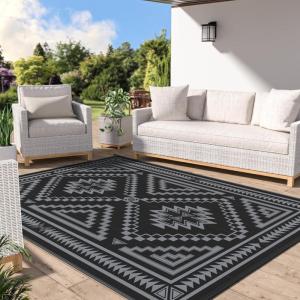 GENIMO Outdoor Rug for Patio Clearance – 8×10 ft Waterproof Plastic Camping Rugs, Reversible Outside Rv Mat Carpet for Porch, Deck, Picnic, Balcony, Beach, Backyard, Red Grey(Black & Grey)