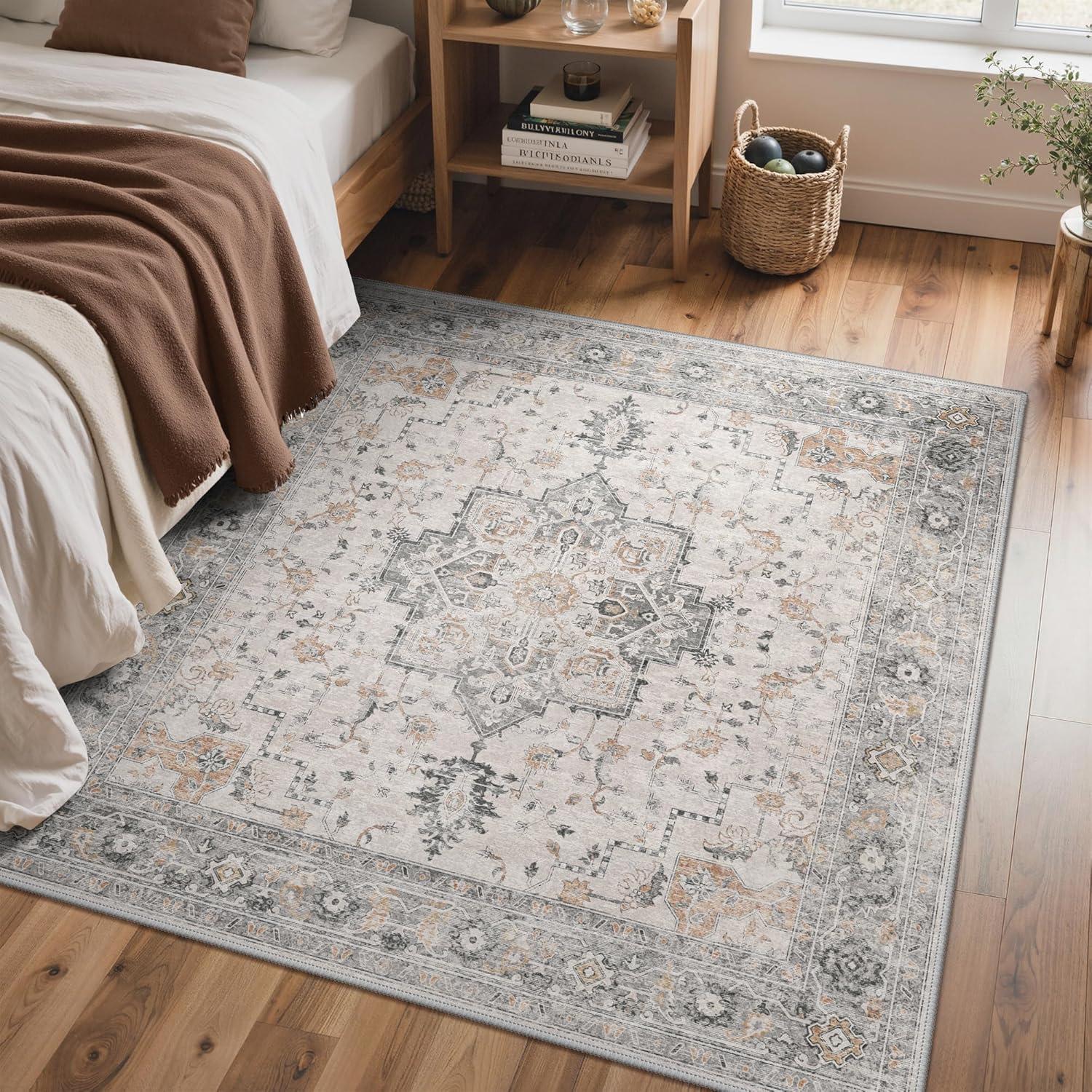 imageGENIMO 5x5 Area Rugs for Living Room Machine Washable Rug Non Slip Indoor Vintage Rug Low Pile Lightweight Chenille Print Carpet for Bedroom Dining Room Home Office Light Taupe Brown
