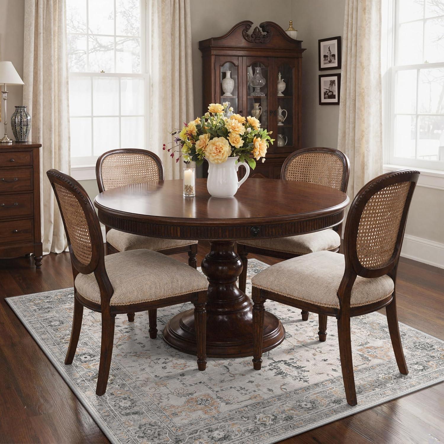 imageGENIMO 5x5 Area Rugs for Living Room Machine Washable Rug Non Slip Indoor Vintage Rug Low Pile Lightweight Chenille Print Carpet for Bedroom Dining Room Home Office Light Taupe Brown