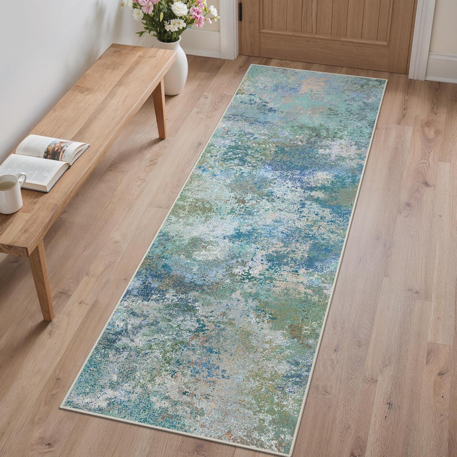 imageGENIMO 5x7 Vintage Floral Area Rug Soft Microfiber Washable Rug with NonSlip Backing Beige Carpet for Living Room Bedroom and Dining RoomAqua Blue