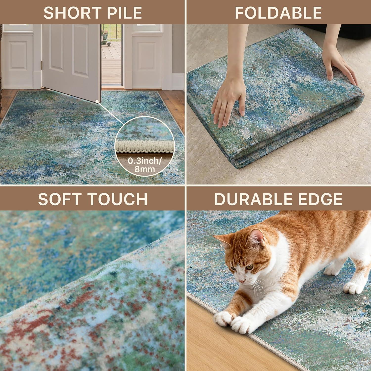 imageGENIMO 5x7 Vintage Floral Area Rug Soft Microfiber Washable Rug with NonSlip Backing Beige Carpet for Living Room Bedroom and Dining RoomAqua Blue