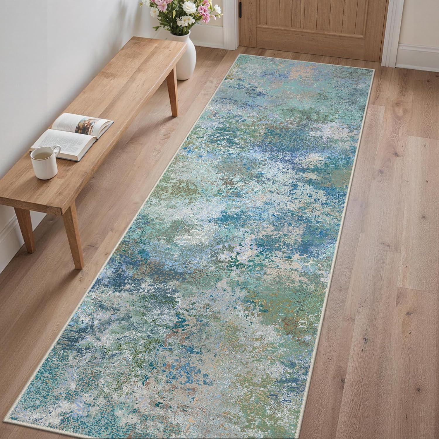 imageGENIMO 5x7 Vintage Floral Area Rug Soft Microfiber Washable Rug with NonSlip Backing Beige Carpet for Living Room Bedroom and Dining RoomAqua Blue