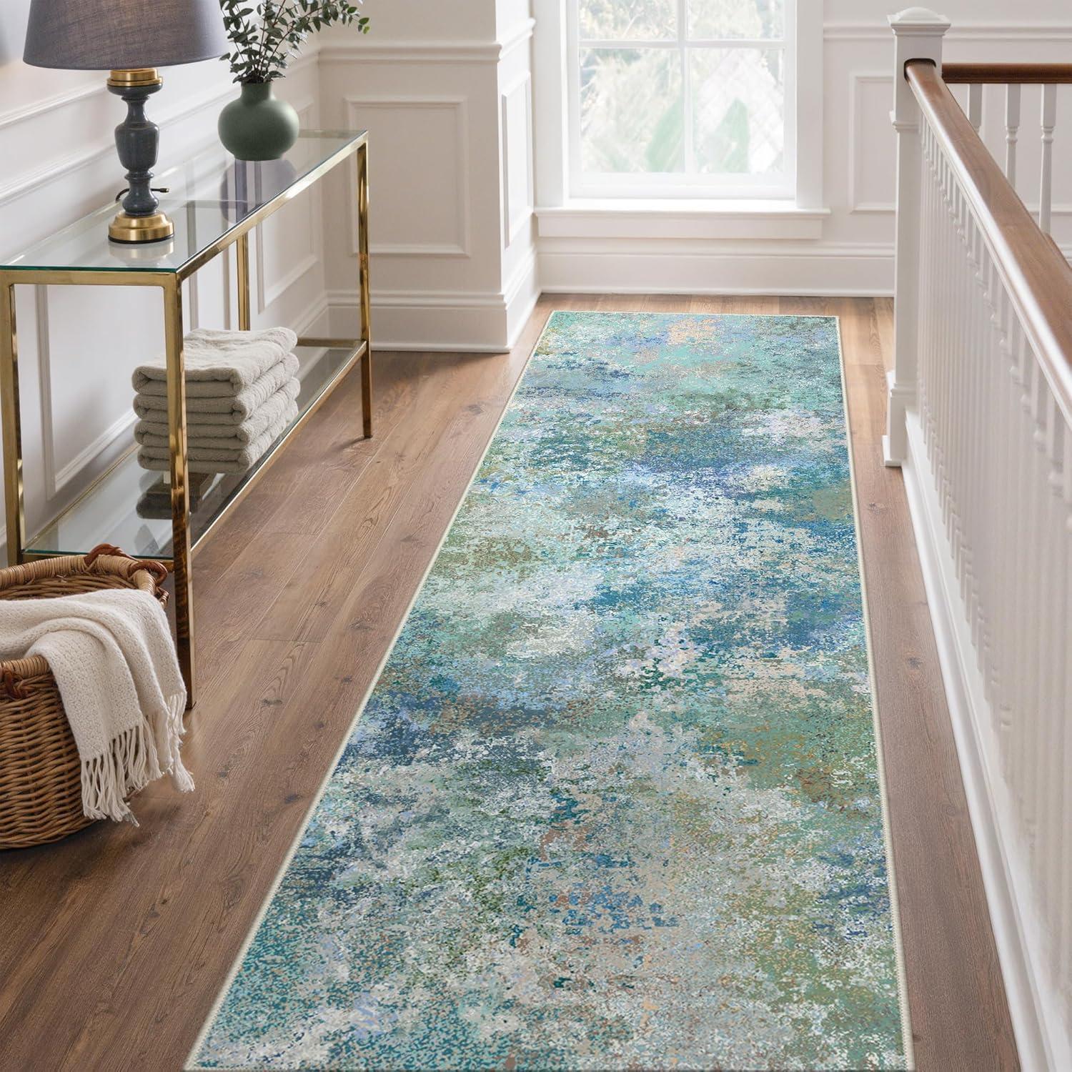 imageGENIMO 5x7 Vintage Floral Area Rug Soft Microfiber Washable Rug with NonSlip Backing Beige Carpet for Living Room Bedroom and Dining RoomAqua Blue