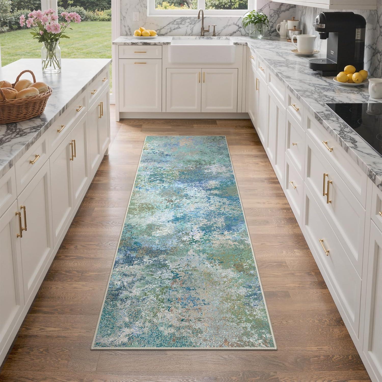 imageGENIMO 5x7 Vintage Floral Area Rug Soft Microfiber Washable Rug with NonSlip Backing Beige Carpet for Living Room Bedroom and Dining RoomAqua Blue