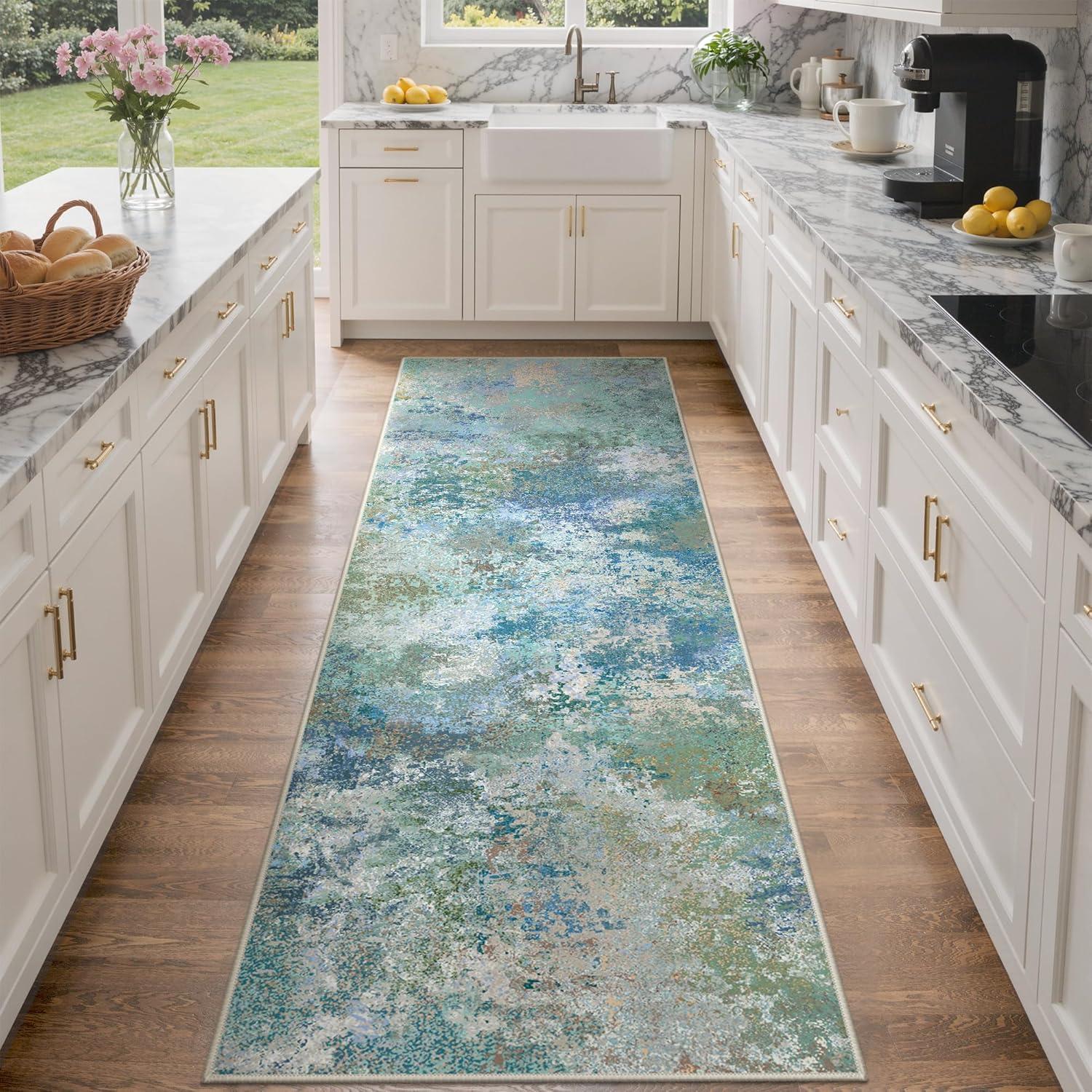 imageGENIMO 5x7 Vintage Floral Area Rug Soft Microfiber Washable Rug with NonSlip Backing Beige Carpet for Living Room Bedroom and Dining RoomAqua Blue