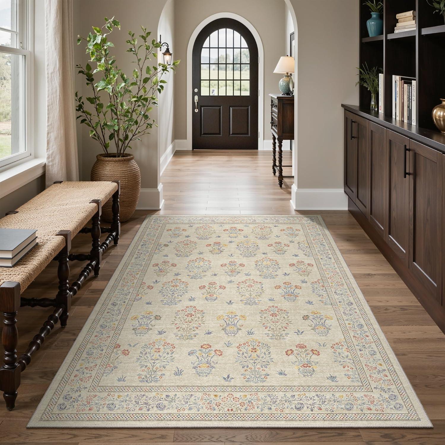 imageGENIMO 5x7 Vintage Floral Area Rug Soft Microfiber Washable Rug with NonSlip Backing Beige Carpet for Living Room Bedroom and Dining RoomBeige
