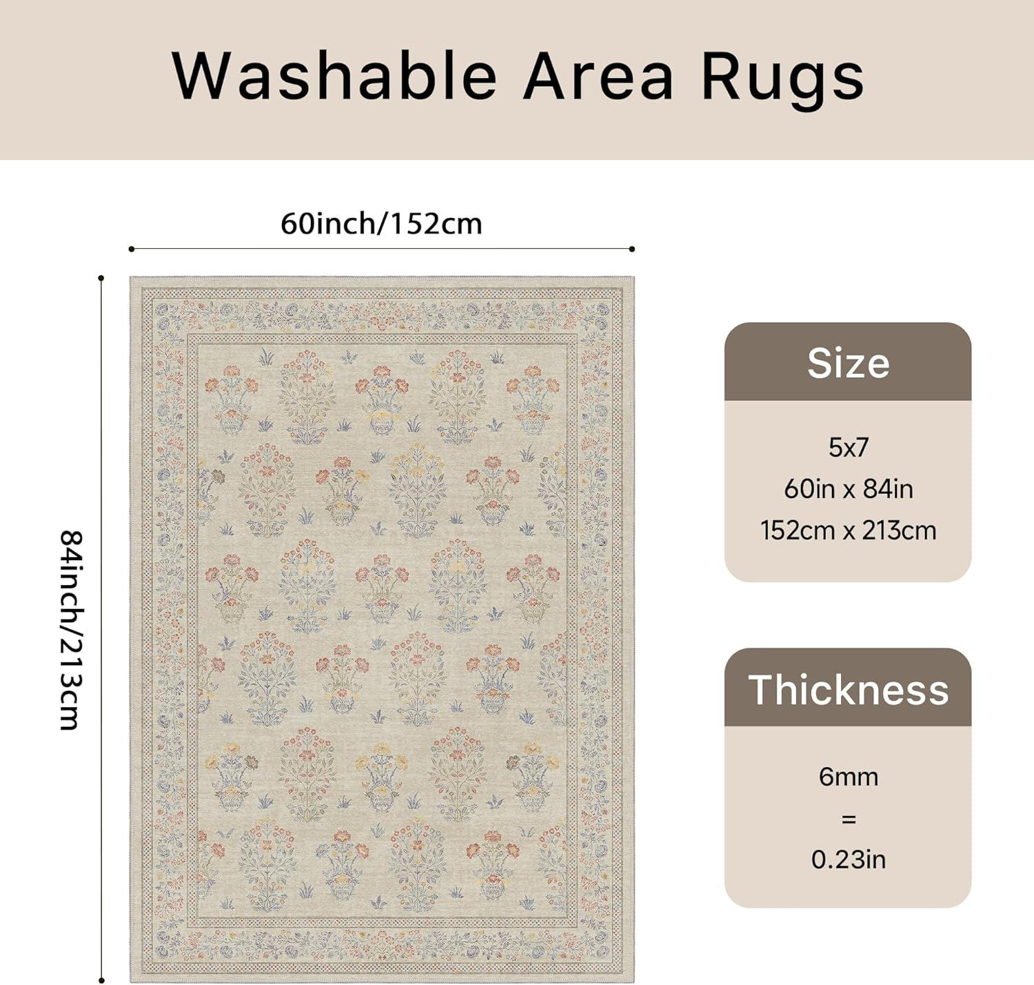 imageGENIMO 5x7 Vintage Floral Area Rug Soft Microfiber Washable Rug with NonSlip Backing Beige Carpet for Living Room Bedroom and Dining RoomBeige
