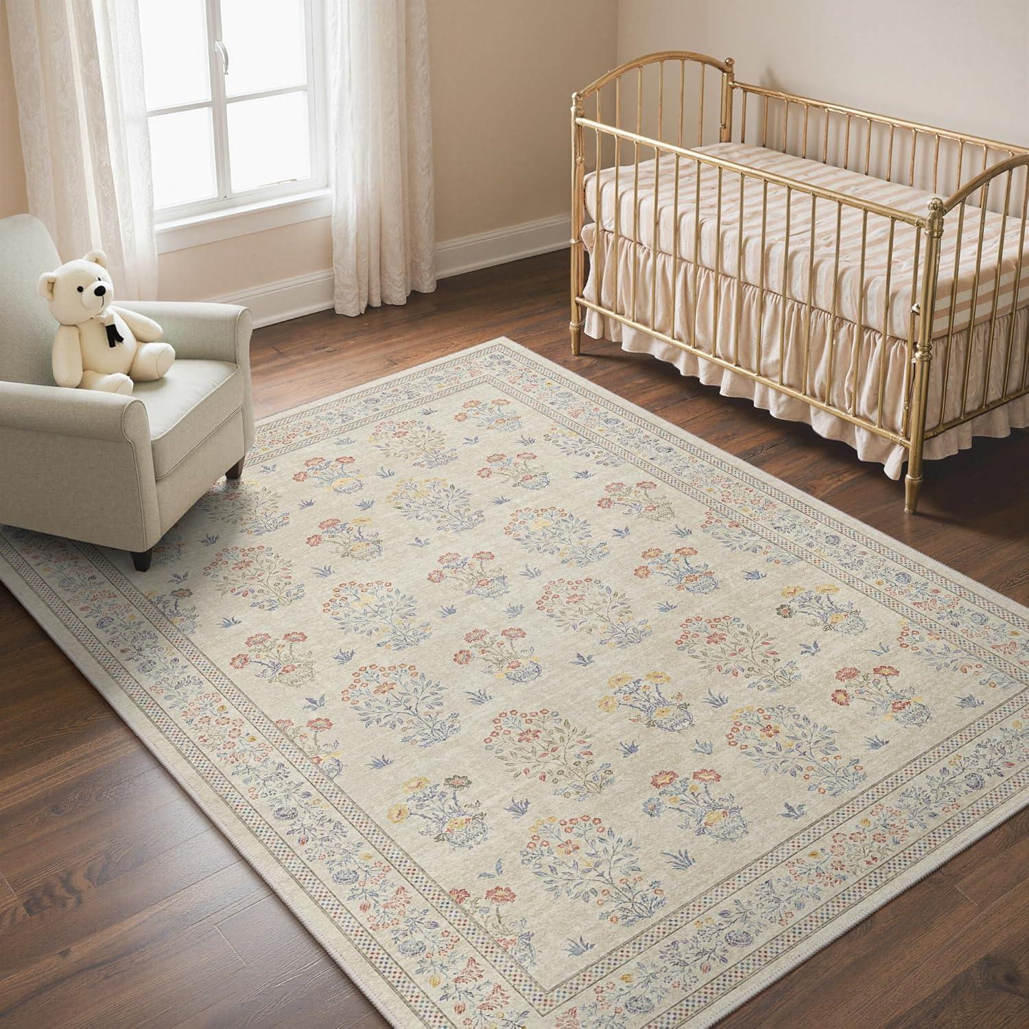 imageGENIMO 5x7 Vintage Floral Area Rug Soft Microfiber Washable Rug with NonSlip Backing Beige Carpet for Living Room Bedroom and Dining RoomBeige
