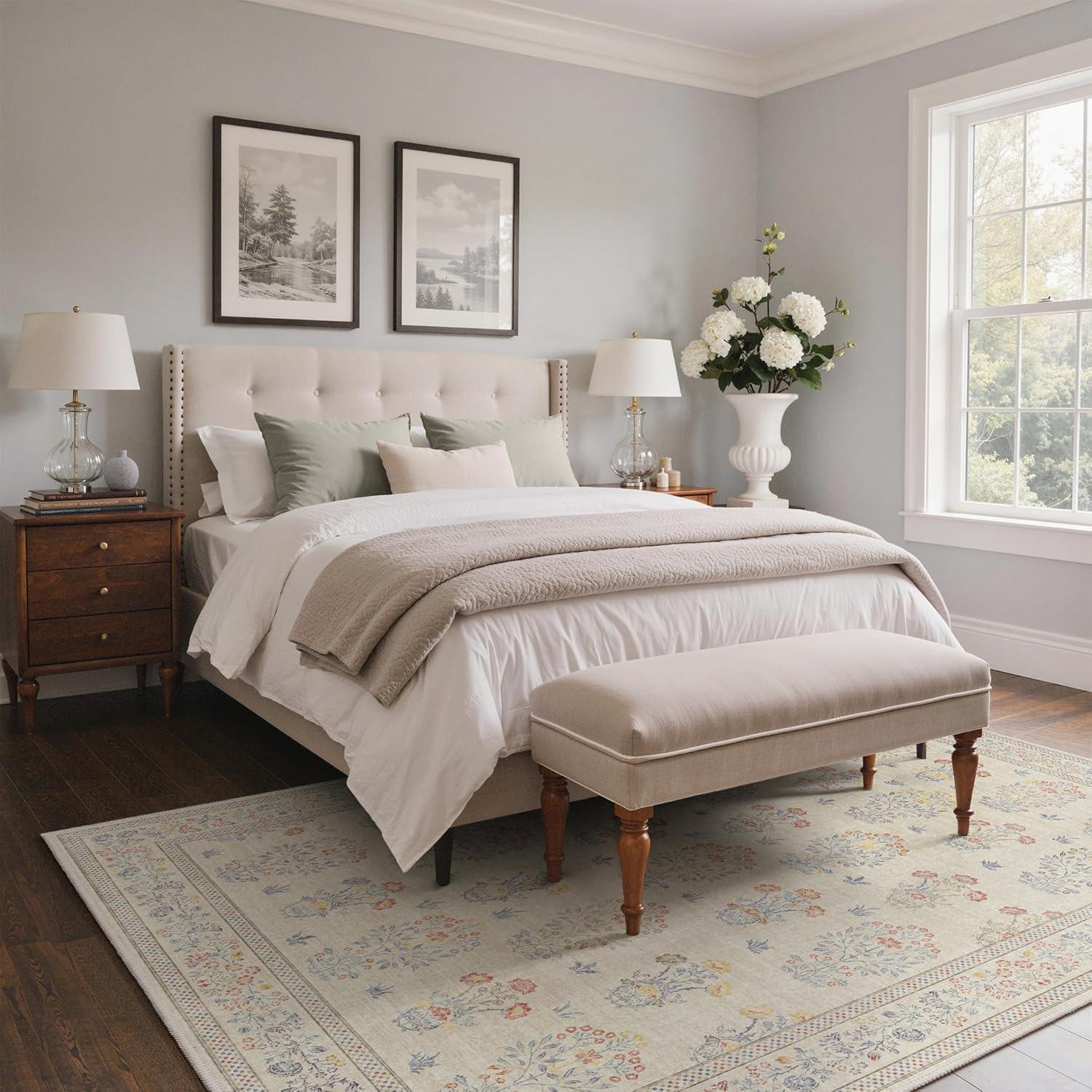 imageGENIMO 5x7 Vintage Floral Area Rug Soft Microfiber Washable Rug with NonSlip Backing Beige Carpet for Living Room Bedroom and Dining RoomBeige