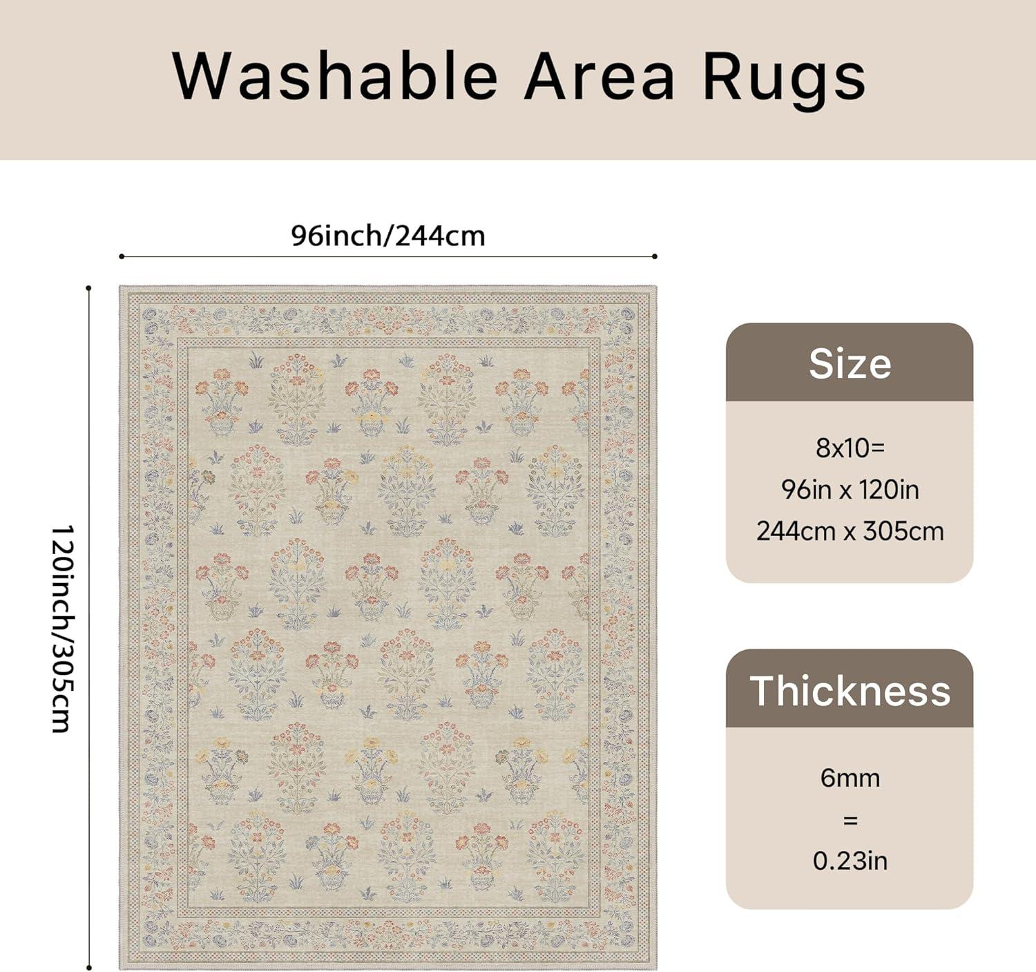 imageGENIMO 5x7 Vintage Floral Area Rug Soft Microfiber Washable Rug with NonSlip Backing Beige Carpet for Living Room Bedroom and Dining RoomBeige