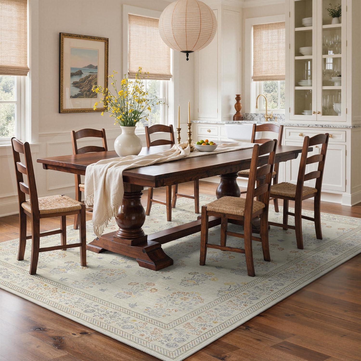 imageGENIMO 5x7 Vintage Floral Area Rug Soft Microfiber Washable Rug with NonSlip Backing Beige Carpet for Living Room Bedroom and Dining RoomBeige