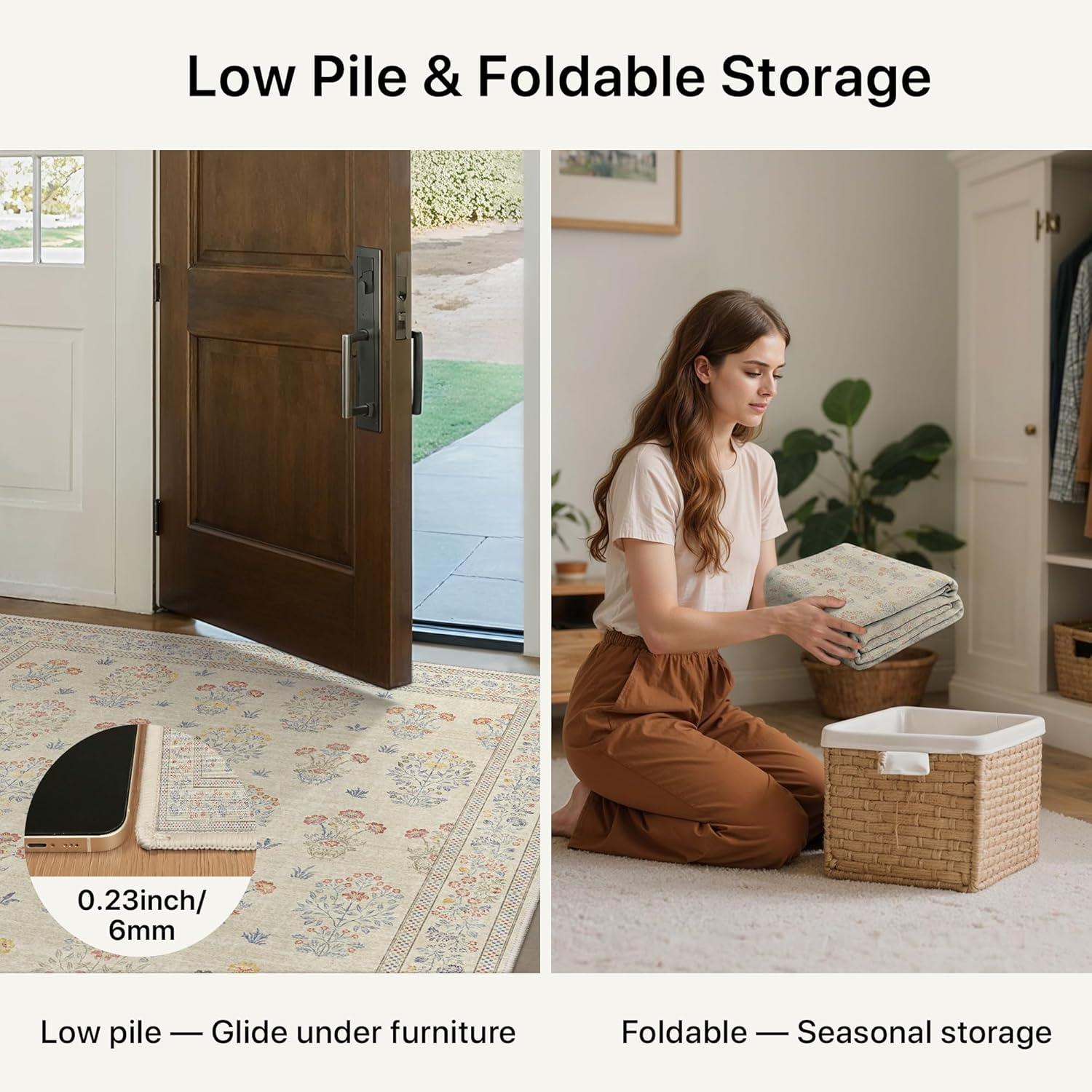 imageGENIMO 5x7 Vintage Floral Area Rug Soft Microfiber Washable Rug with NonSlip Backing Beige Carpet for Living Room Bedroom and Dining RoomBeige