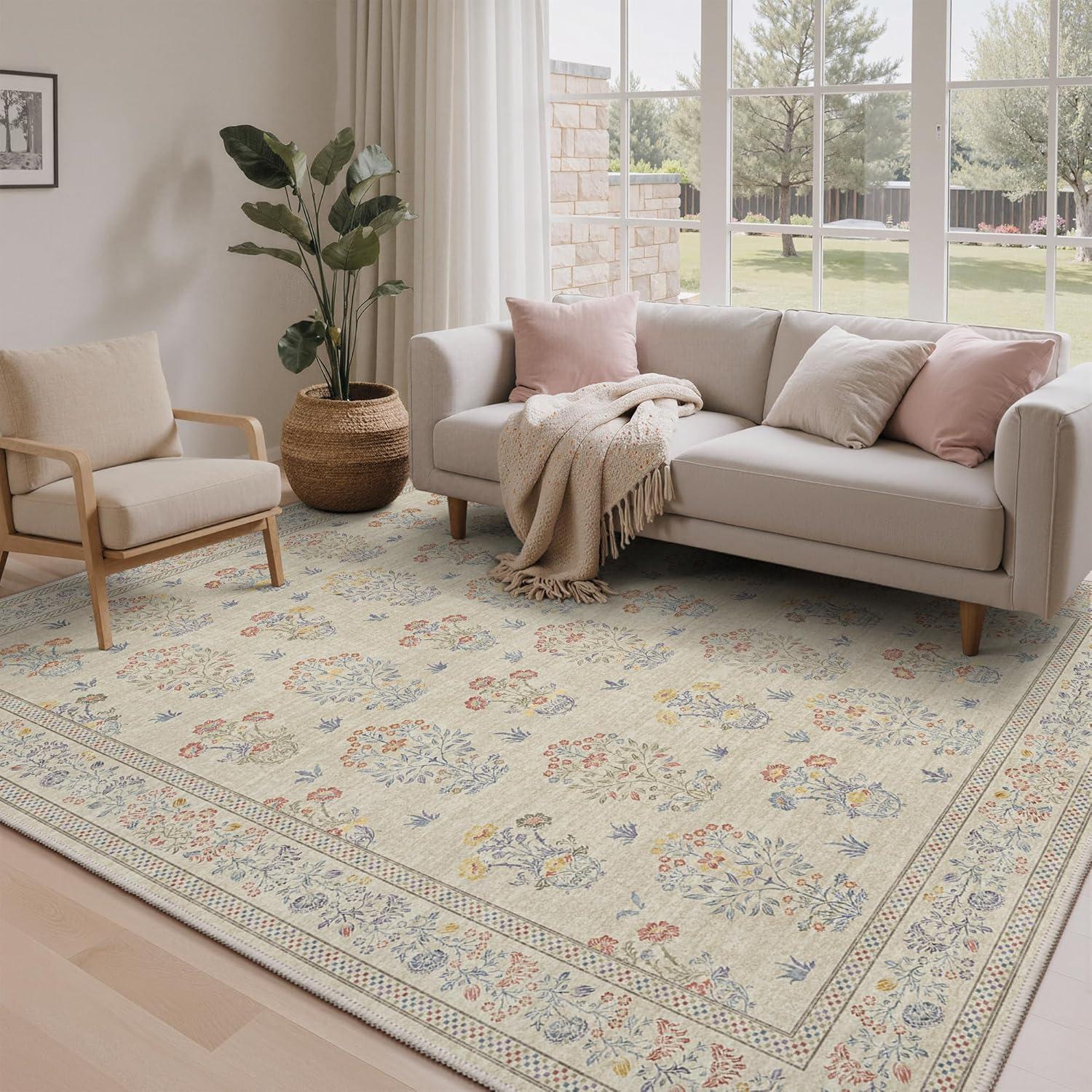 imageGENIMO 5x7 Vintage Floral Area Rug Soft Microfiber Washable Rug with NonSlip Backing Beige Carpet for Living Room Bedroom and Dining RoomBeige