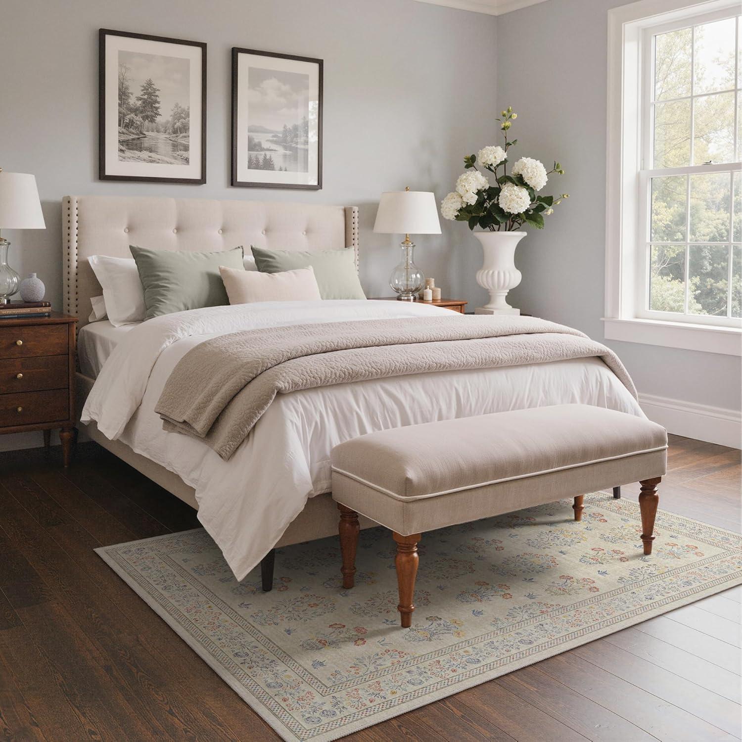 imageGENIMO 5x7 Vintage Floral Area Rug Soft Microfiber Washable Rug with NonSlip Backing Beige Carpet for Living Room Bedroom and Dining RoomBeige