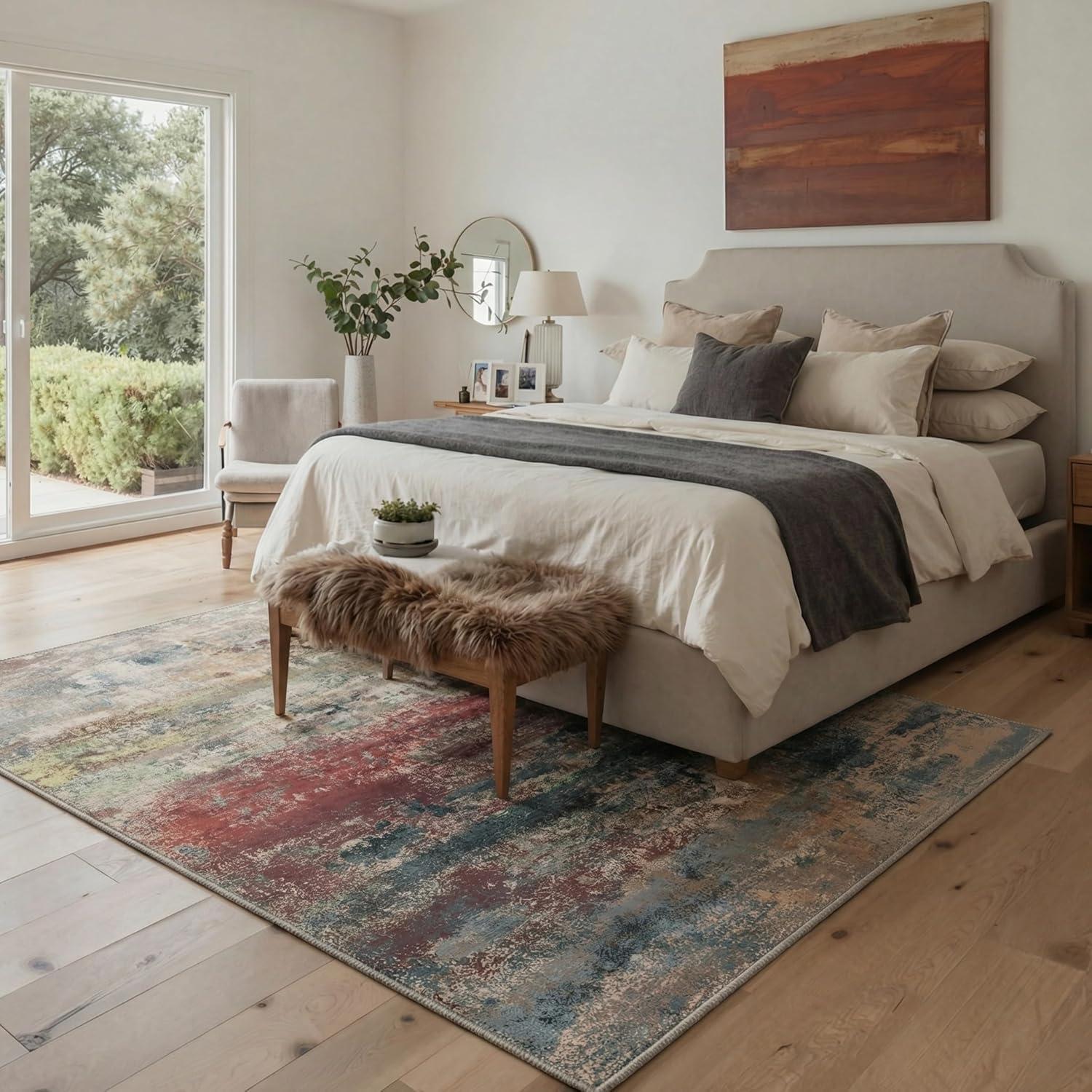 imageGENIMO 5x7 Vintage Floral Area Rug Soft Microfiber Washable Rug with NonSlip Backing Beige Carpet for Living Room Bedroom and Dining RoomBloom Red