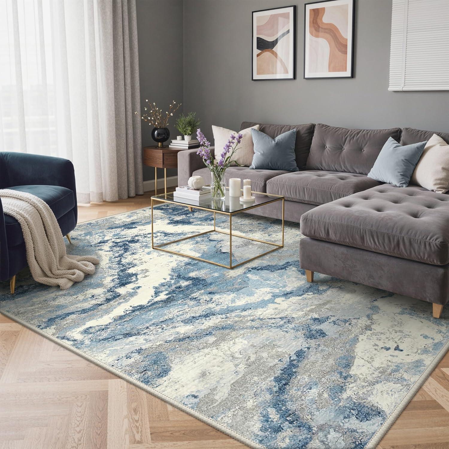 imageGENIMO 5x7 Vintage Floral Area Rug Soft Microfiber Washable Rug with NonSlip Backing Beige Carpet for Living Room Bedroom and Dining RoomBlue Grey