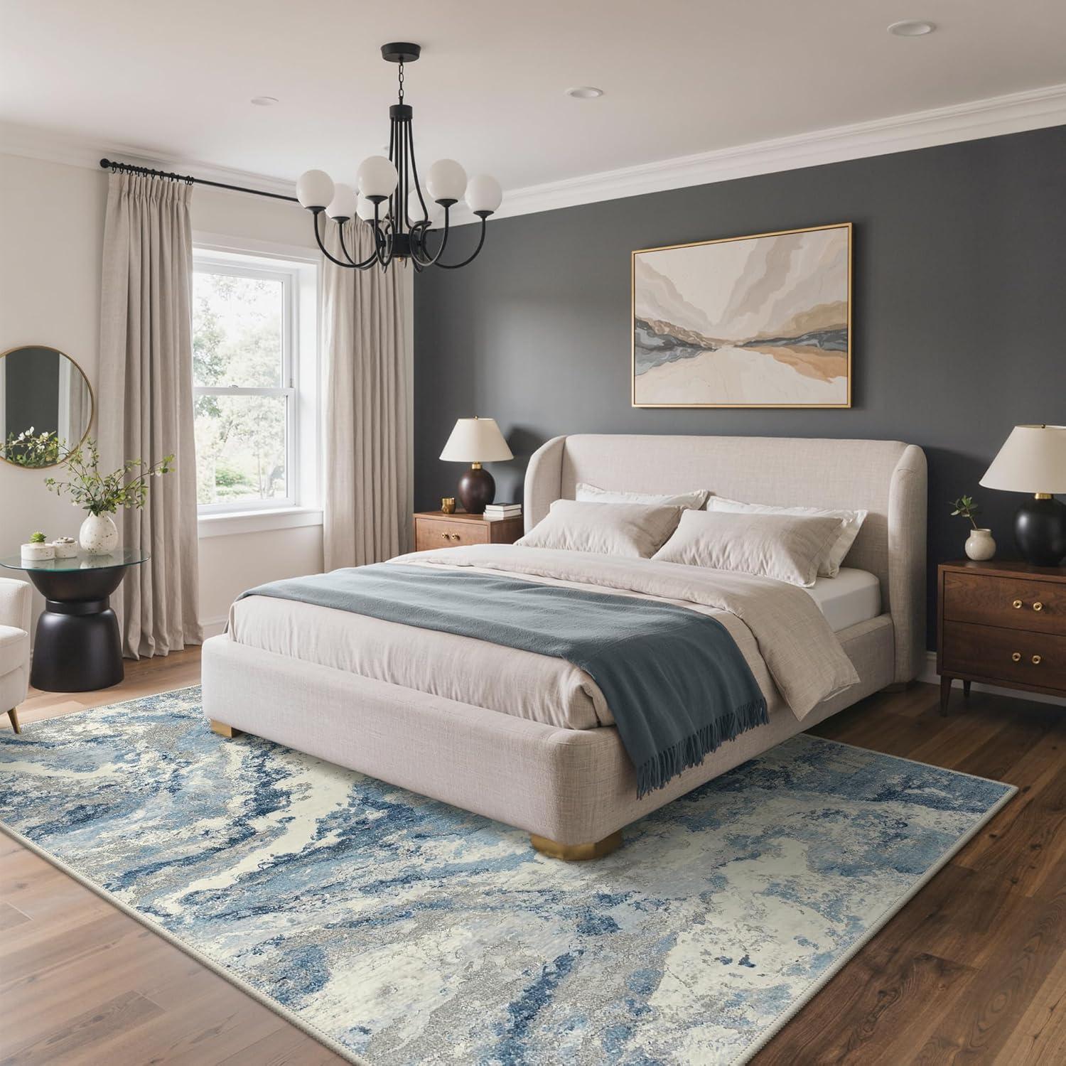 imageGENIMO 5x7 Vintage Floral Area Rug Soft Microfiber Washable Rug with NonSlip Backing Beige Carpet for Living Room Bedroom and Dining RoomBlue Grey