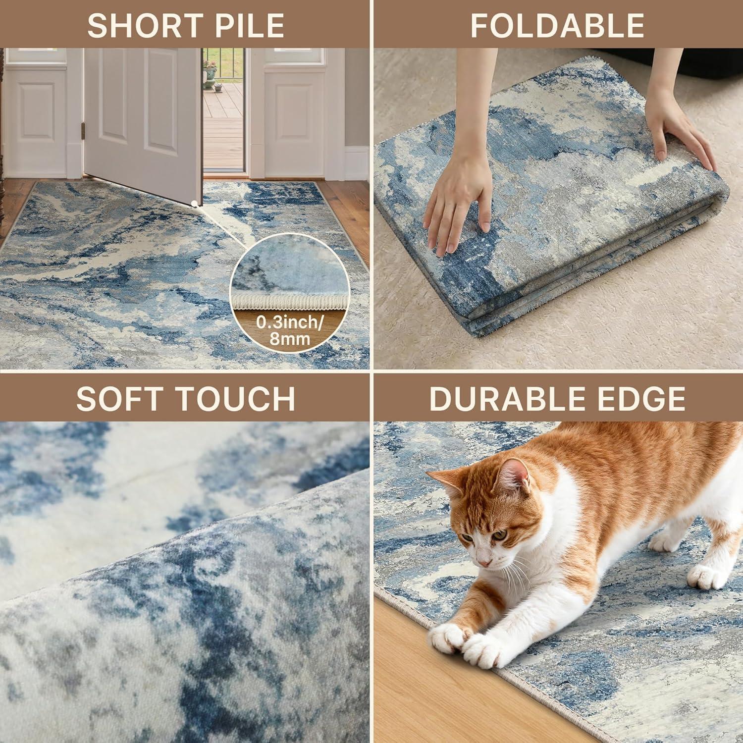 imageGENIMO 5x7 Vintage Floral Area Rug Soft Microfiber Washable Rug with NonSlip Backing Beige Carpet for Living Room Bedroom and Dining RoomBlue Grey