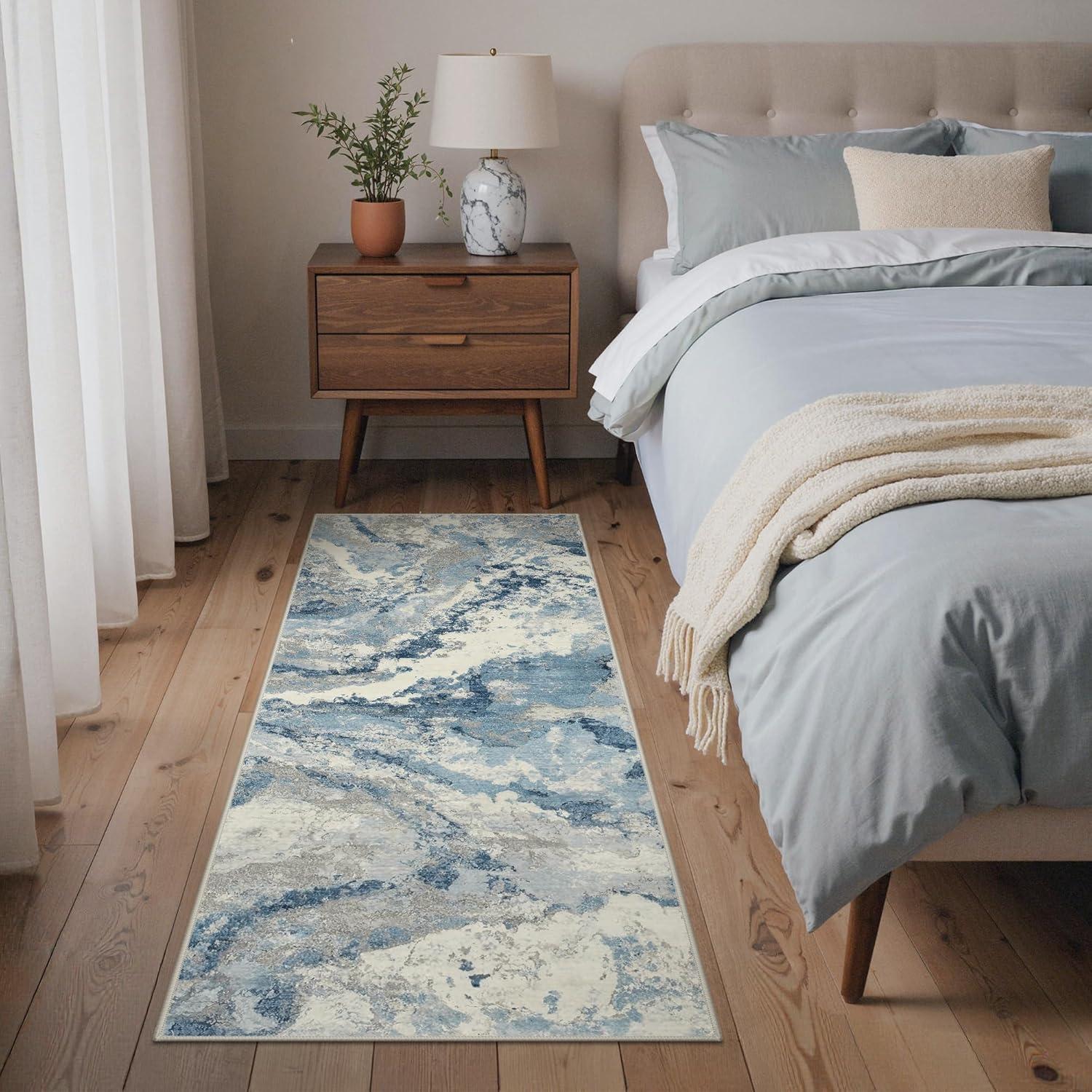 imageGENIMO 5x7 Vintage Floral Area Rug Soft Microfiber Washable Rug with NonSlip Backing Beige Carpet for Living Room Bedroom and Dining RoomBlue Grey