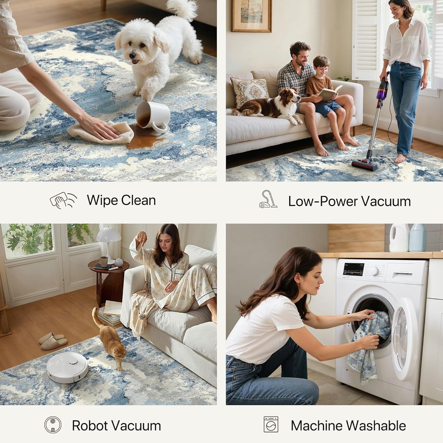 imageGENIMO 5x7 Vintage Floral Area Rug Soft Microfiber Washable Rug with NonSlip Backing Beige Carpet for Living Room Bedroom and Dining RoomBlue Grey