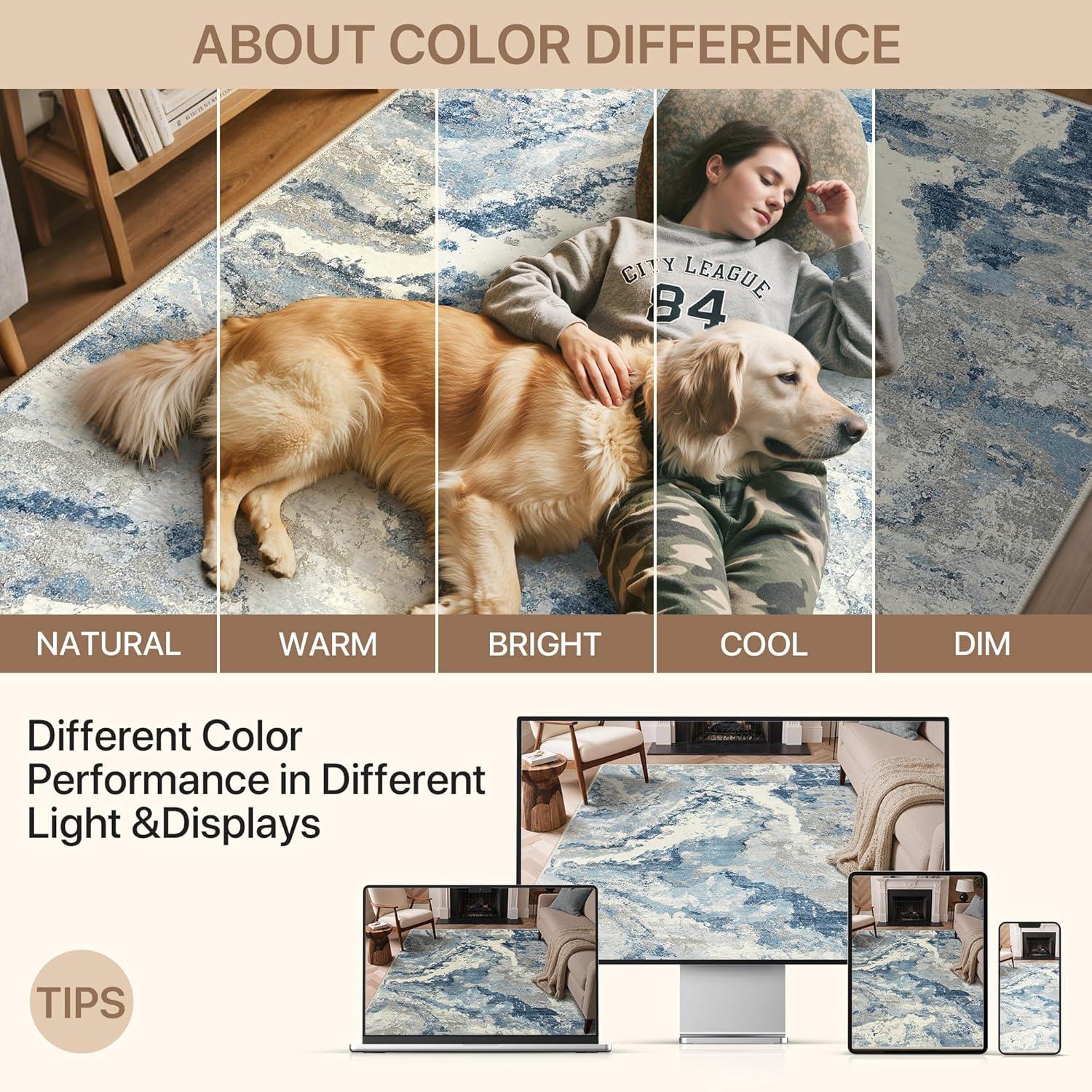 imageGENIMO 5x7 Vintage Floral Area Rug Soft Microfiber Washable Rug with NonSlip Backing Beige Carpet for Living Room Bedroom and Dining RoomBlue Grey