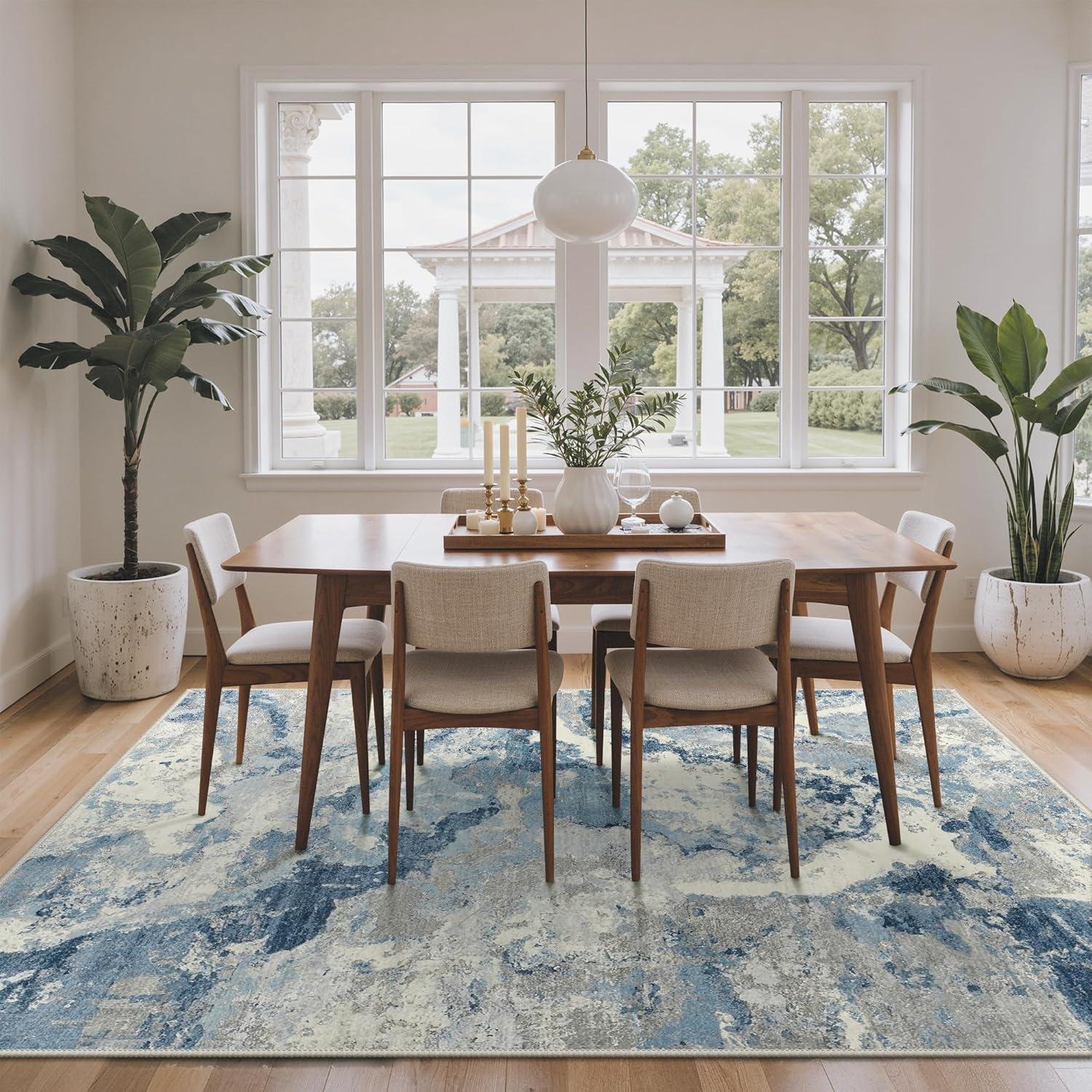 imageGENIMO 5x7 Vintage Floral Area Rug Soft Microfiber Washable Rug with NonSlip Backing Beige Carpet for Living Room Bedroom and Dining RoomBlue Grey