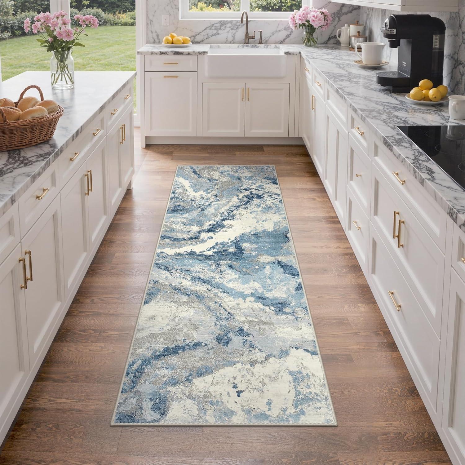 imageGENIMO 5x7 Vintage Floral Area Rug Soft Microfiber Washable Rug with NonSlip Backing Beige Carpet for Living Room Bedroom and Dining RoomBlue Grey