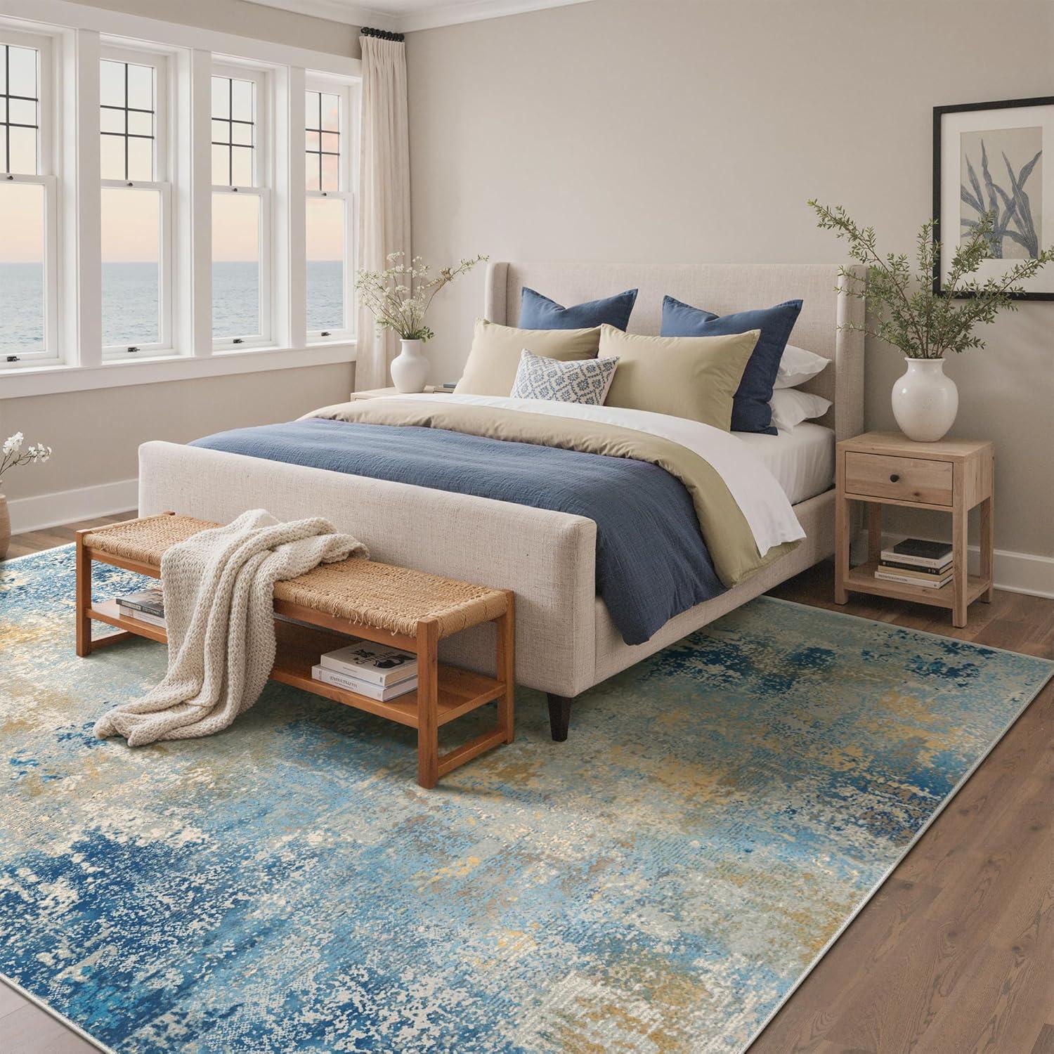 imageGENIMO 5x7 Vintage Floral Area Rug Soft Microfiber Washable Rug with NonSlip Backing Beige Carpet for Living Room Bedroom and Dining RoomBlue Ivory
