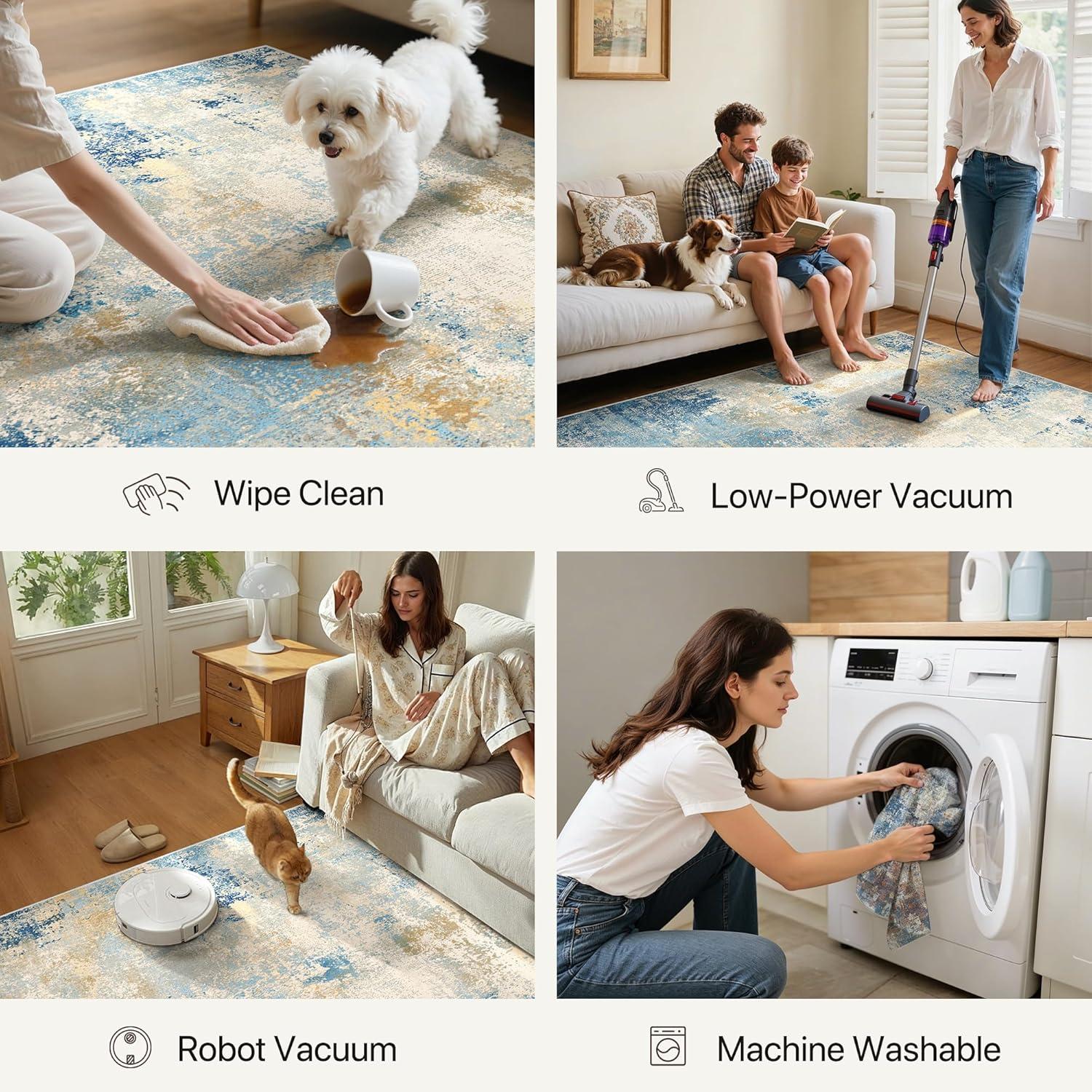 imageGENIMO 5x7 Vintage Floral Area Rug Soft Microfiber Washable Rug with NonSlip Backing Beige Carpet for Living Room Bedroom and Dining RoomBlue Ivory