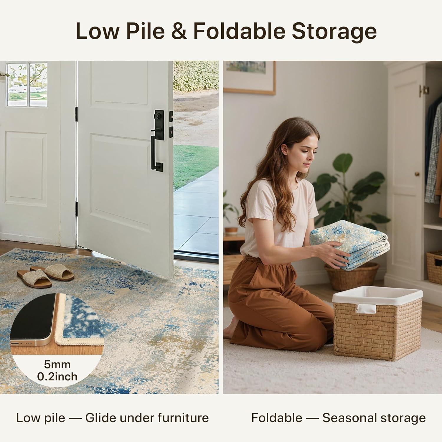 imageGENIMO 5x7 Vintage Floral Area Rug Soft Microfiber Washable Rug with NonSlip Backing Beige Carpet for Living Room Bedroom and Dining RoomBlue Ivory