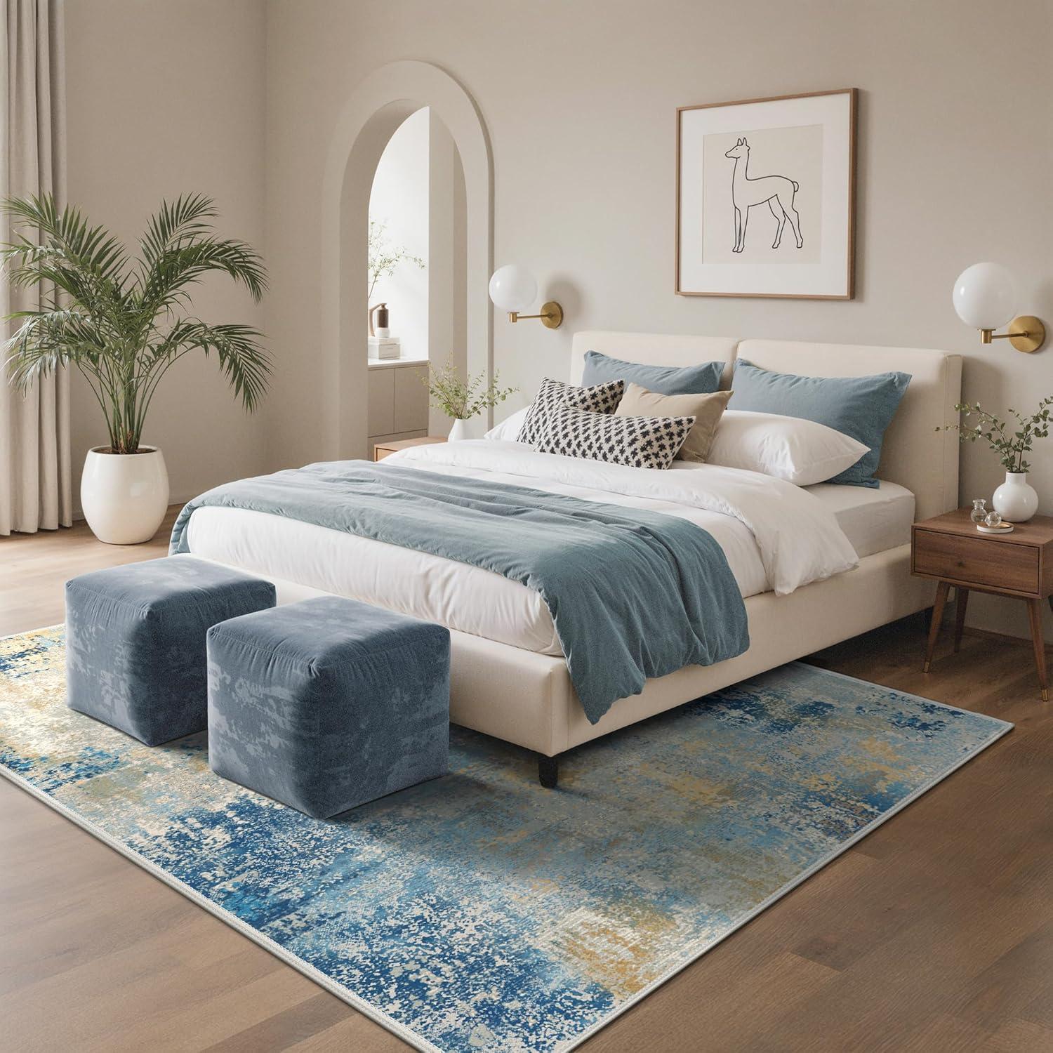 imageGENIMO 5x7 Vintage Floral Area Rug Soft Microfiber Washable Rug with NonSlip Backing Beige Carpet for Living Room Bedroom and Dining RoomBlue Ivory