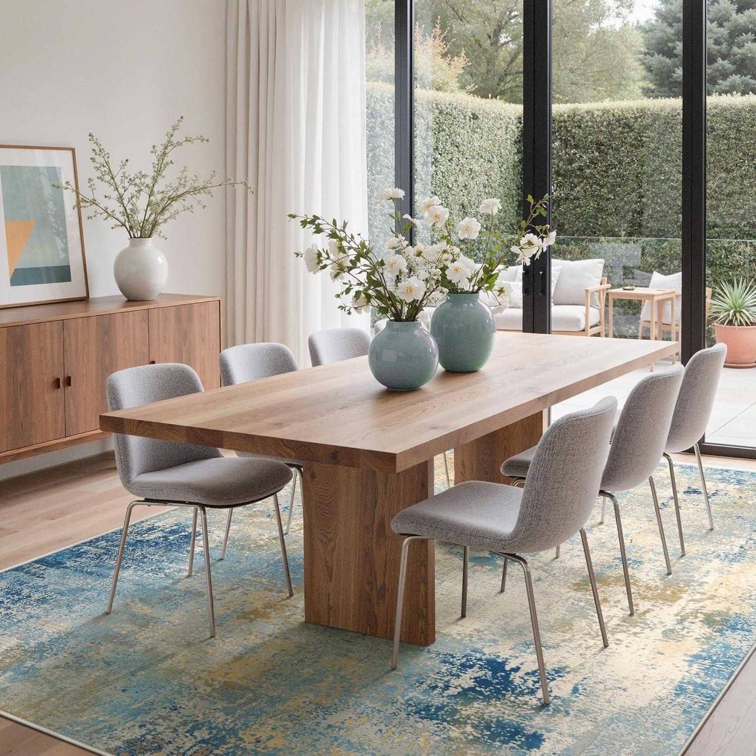 imageGENIMO 5x7 Vintage Floral Area Rug Soft Microfiber Washable Rug with NonSlip Backing Beige Carpet for Living Room Bedroom and Dining RoomBlue Ivory