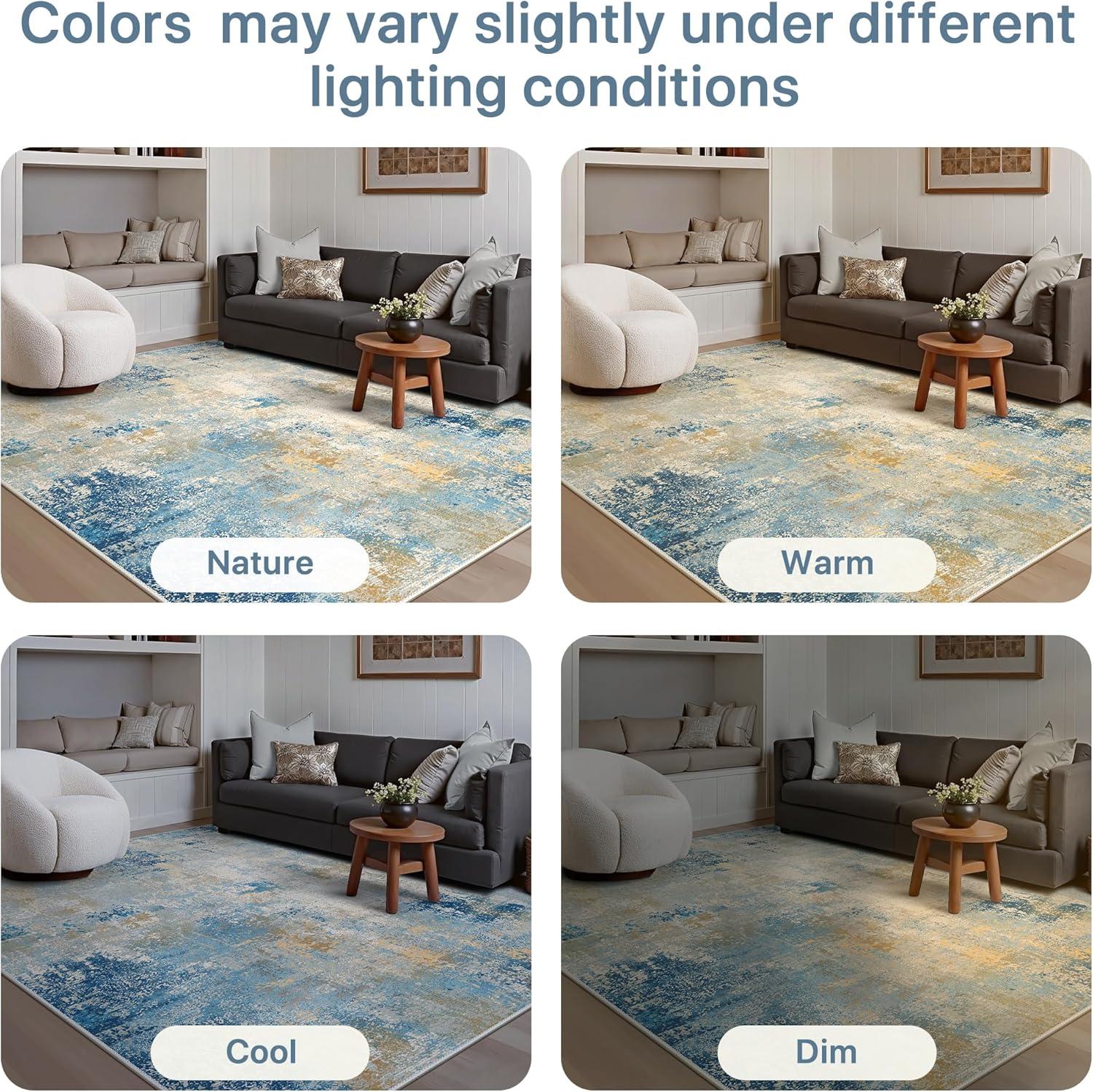 imageGENIMO 5x7 Vintage Floral Area Rug Soft Microfiber Washable Rug with NonSlip Backing Beige Carpet for Living Room Bedroom and Dining RoomBlue Ivory