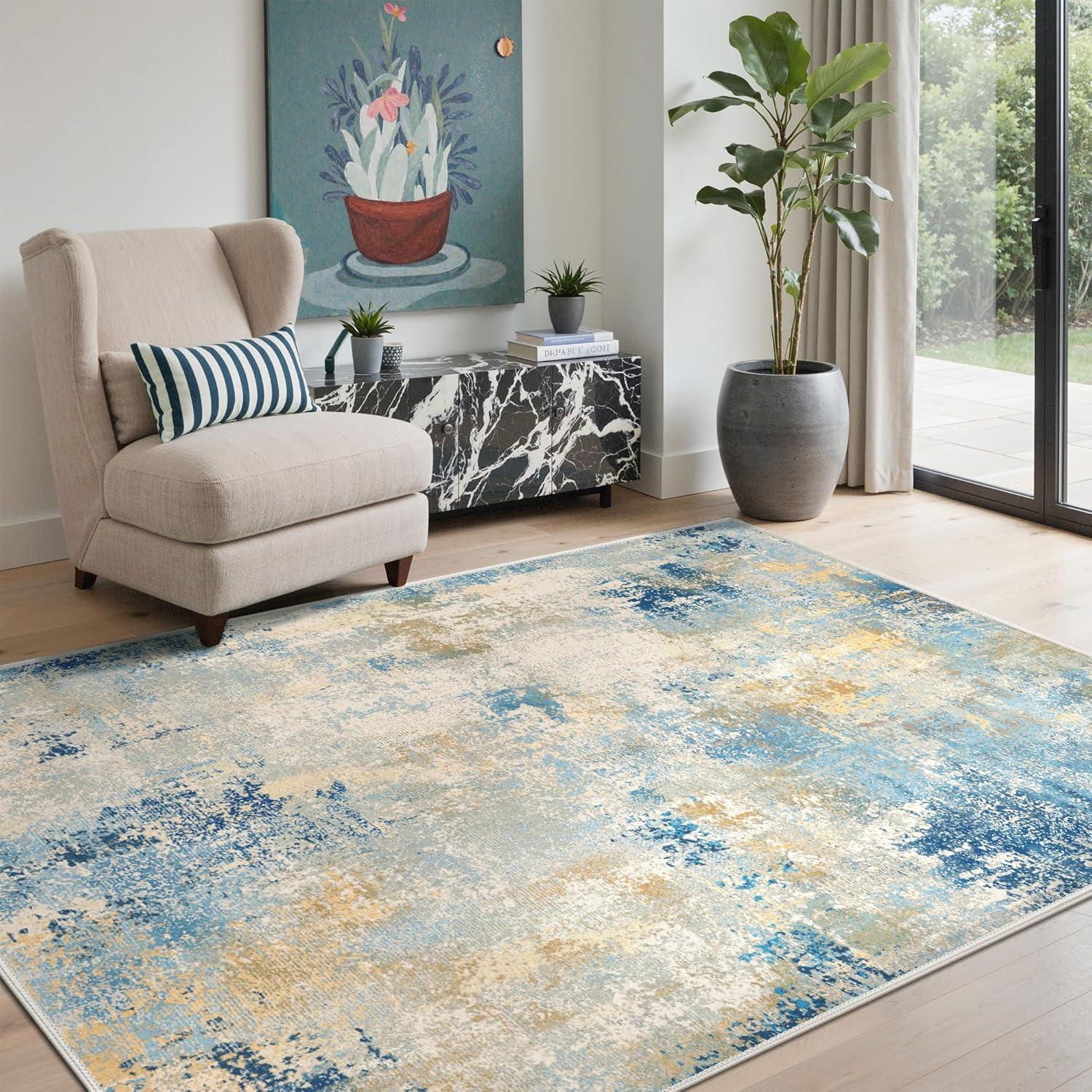 imageGENIMO 5x7 Vintage Floral Area Rug Soft Microfiber Washable Rug with NonSlip Backing Beige Carpet for Living Room Bedroom and Dining RoomBlue Ivory