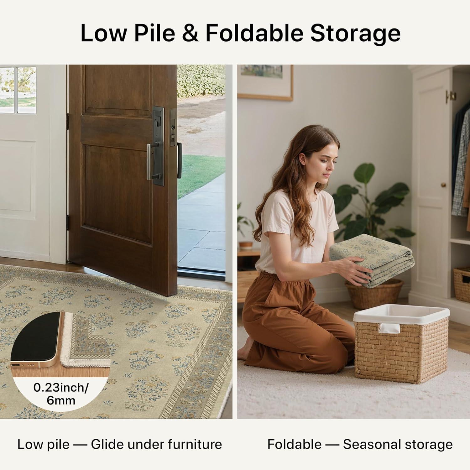 imageGENIMO 5x7 Vintage Floral Area Rug Soft Microfiber Washable Rug with NonSlip Backing Beige Carpet for Living Room Bedroom and Dining RoomBrown Blue