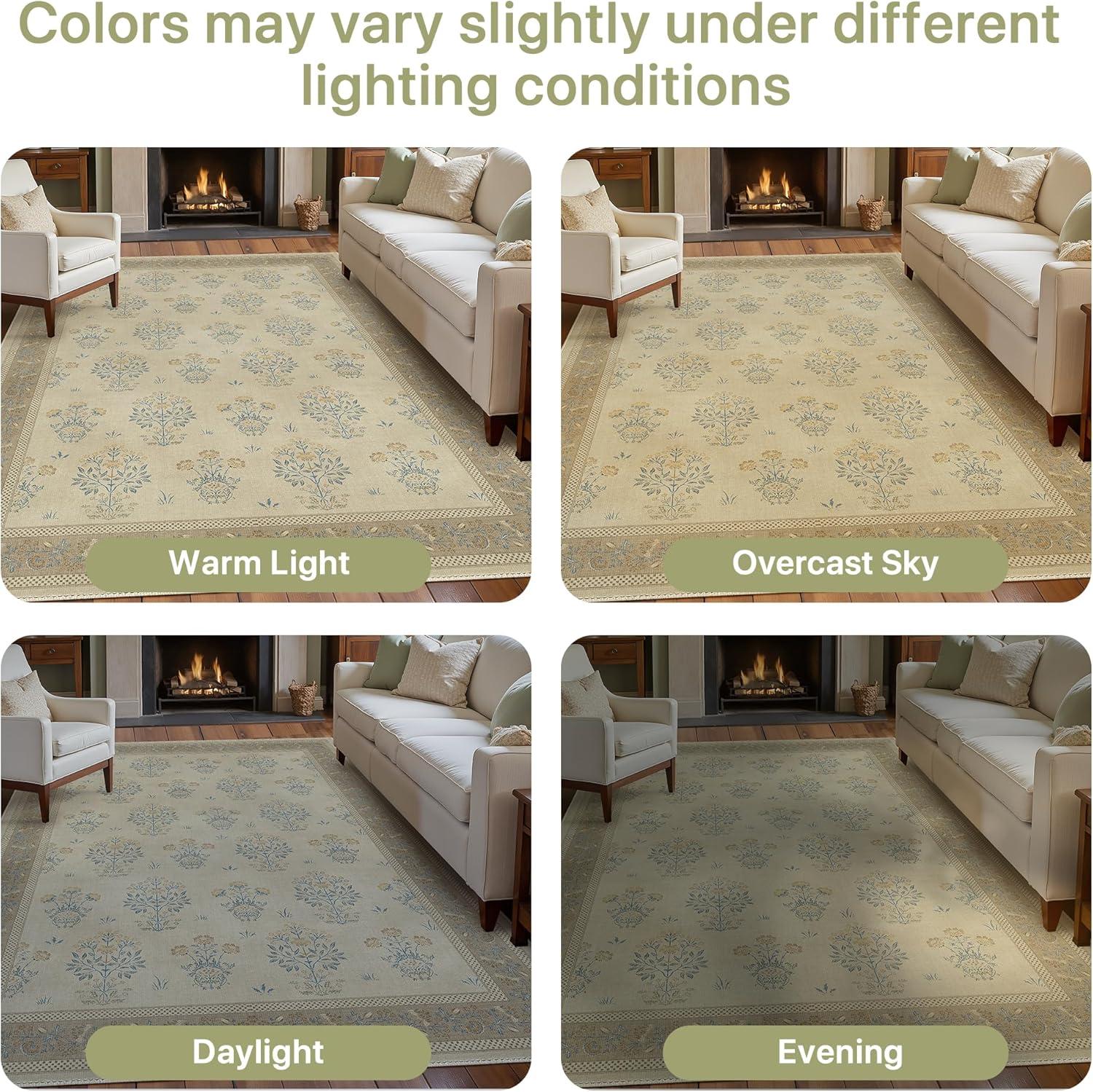 imageGENIMO 5x7 Vintage Floral Area Rug Soft Microfiber Washable Rug with NonSlip Backing Beige Carpet for Living Room Bedroom and Dining RoomBrown Blue
