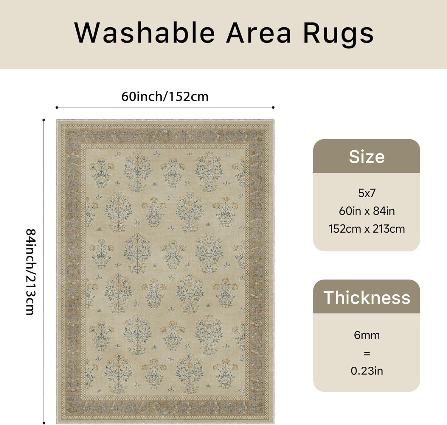 imageGENIMO 5x7 Vintage Floral Area Rug Soft Microfiber Washable Rug with NonSlip Backing Beige Carpet for Living Room Bedroom and Dining RoomBrown Blue