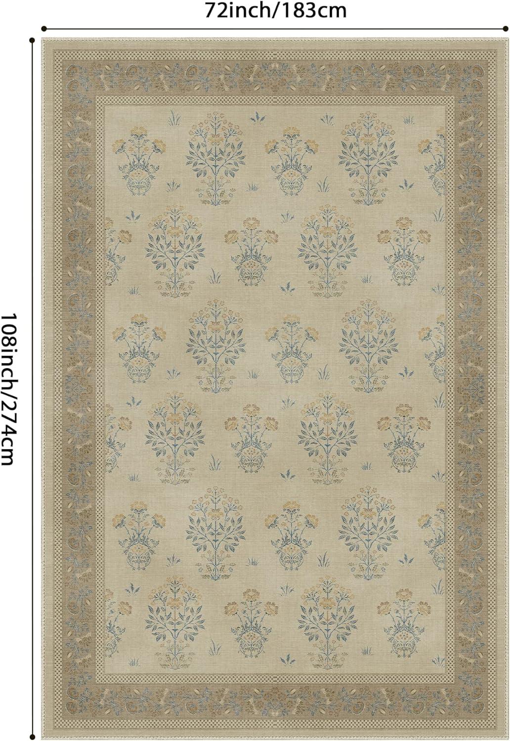 imageGENIMO 5x7 Vintage Floral Area Rug Soft Microfiber Washable Rug with NonSlip Backing Beige Carpet for Living Room Bedroom and Dining RoomBrown Blue