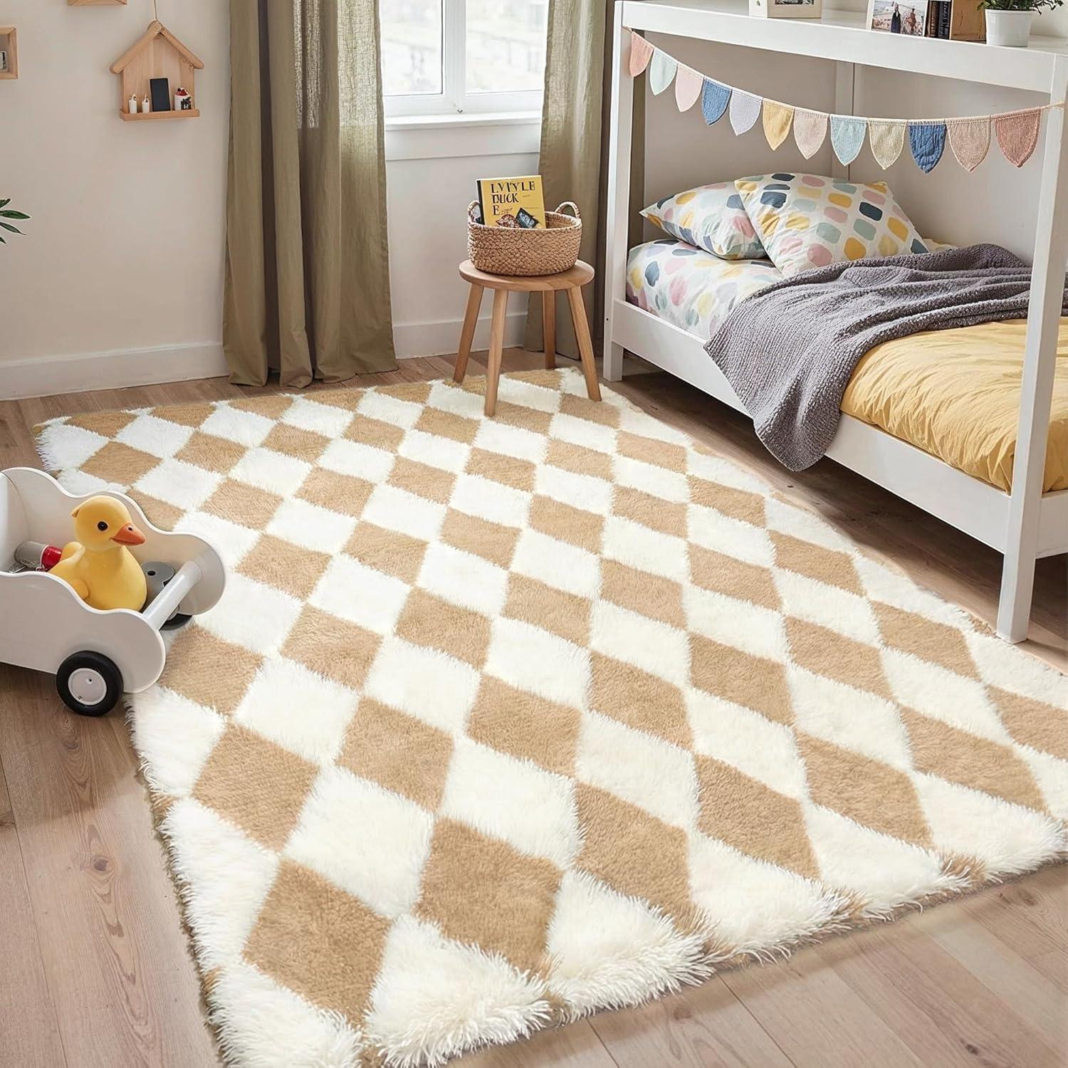 imageGENIMO 5x7 Vintage Floral Area Rug Soft Microfiber Washable Rug with NonSlip Backing Beige Carpet for Living Room Bedroom and Dining RoomCheckeredbeige White